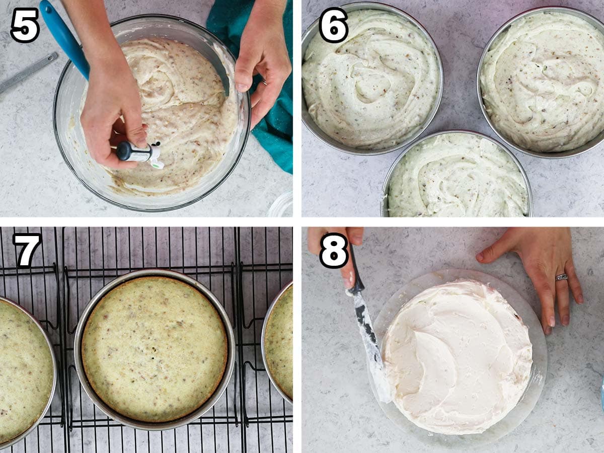 Four photos showing cake batter being portioned into pans, baked, and stacked with frosting.