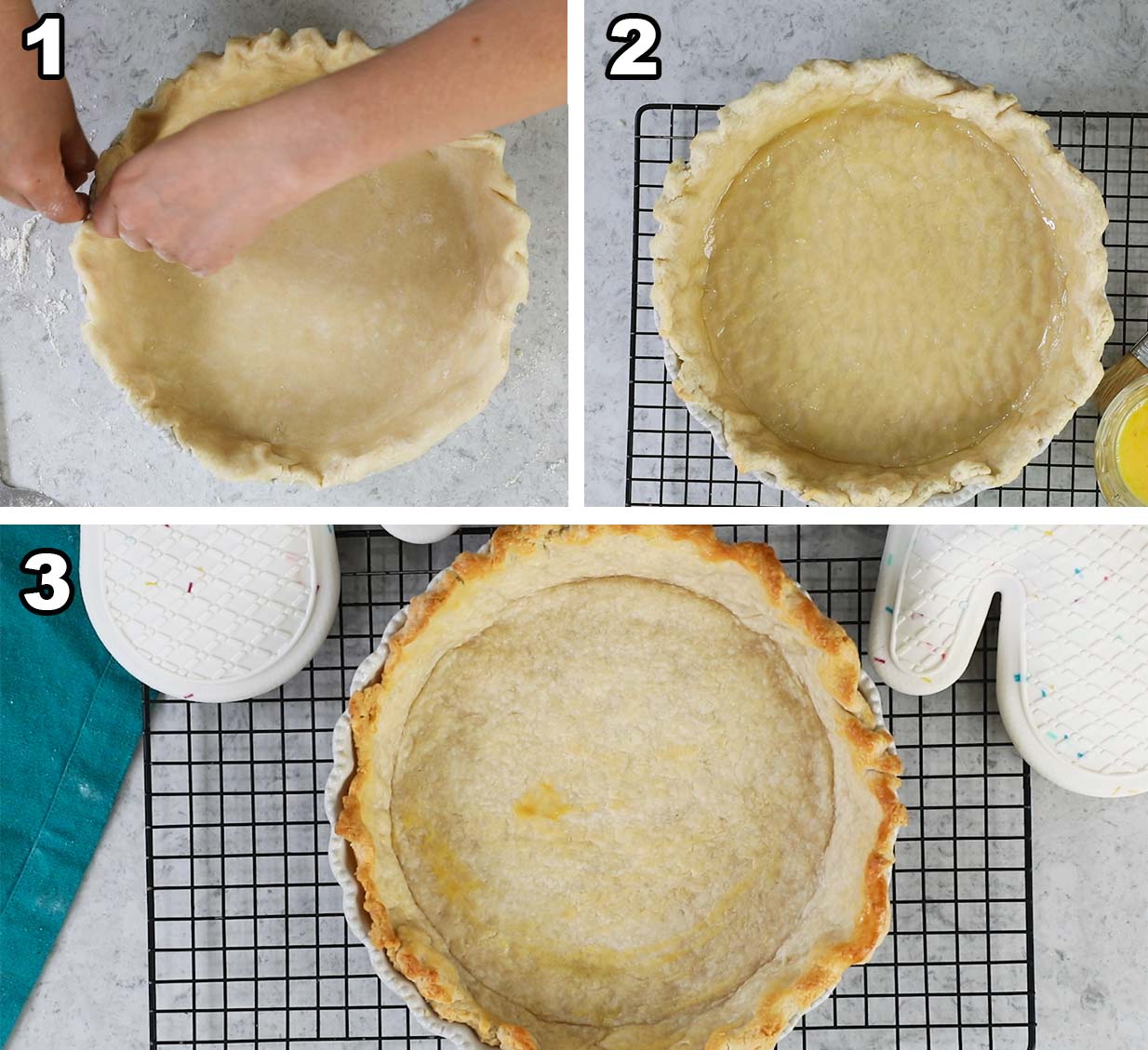 Collage of three photos showing a pie crust being prepared and blind baked in a quiche pan.