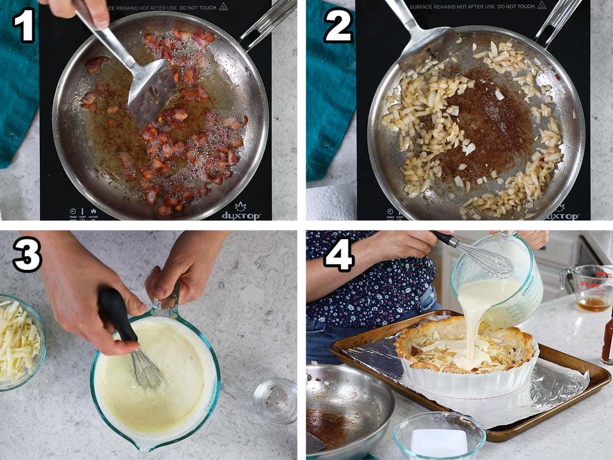 Collage of four photos showing bacon and onions being cooked and added to a pie crust along with a custard mixture.
