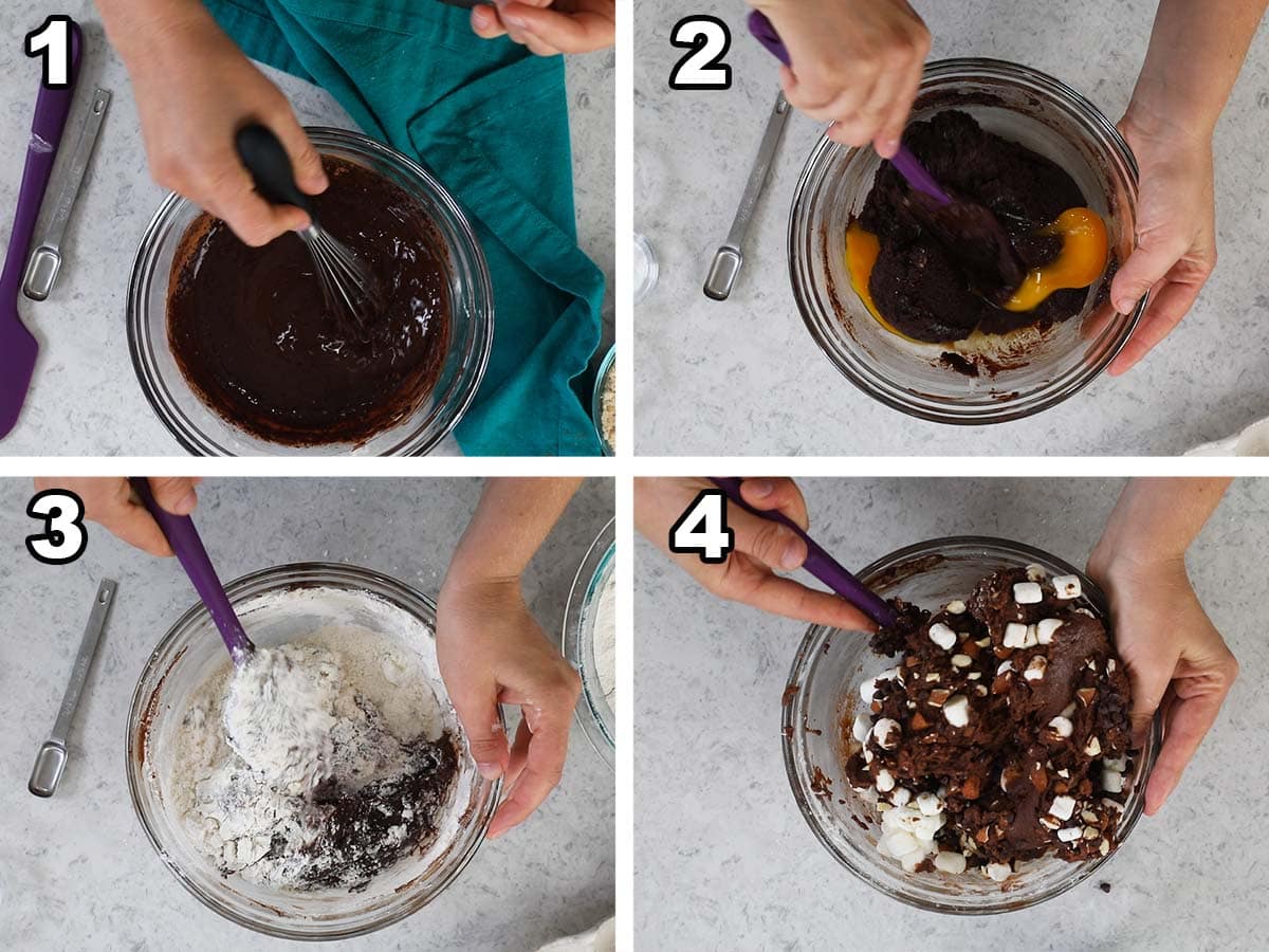 Collage of four photos showing a chocolate cookie dough being prepared with mini marshmallows and almonds.