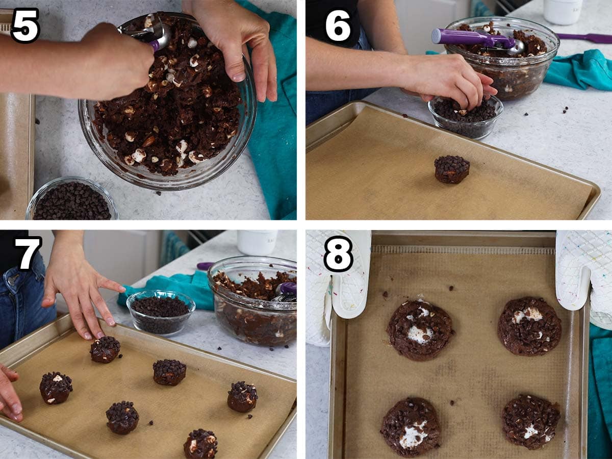 Four photos showing rocky road cookie dough being scooped, rolled in chocolate chips, and baked.
