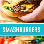 collage of smashburgers, top image close of burger in hands, bottom image of burger on plate with waffle fries