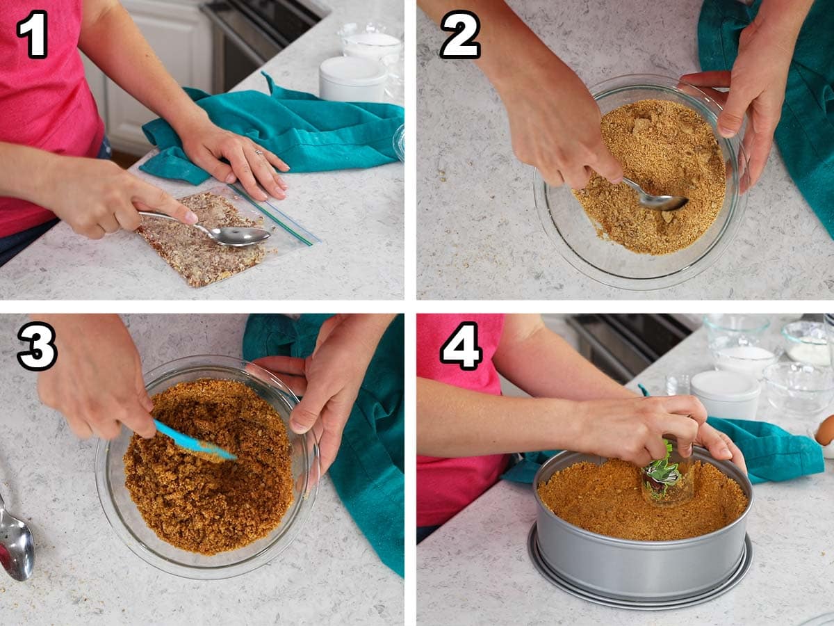 Four photos showing a pecan graham cracker crust being prepared and pressed into a springform pan.