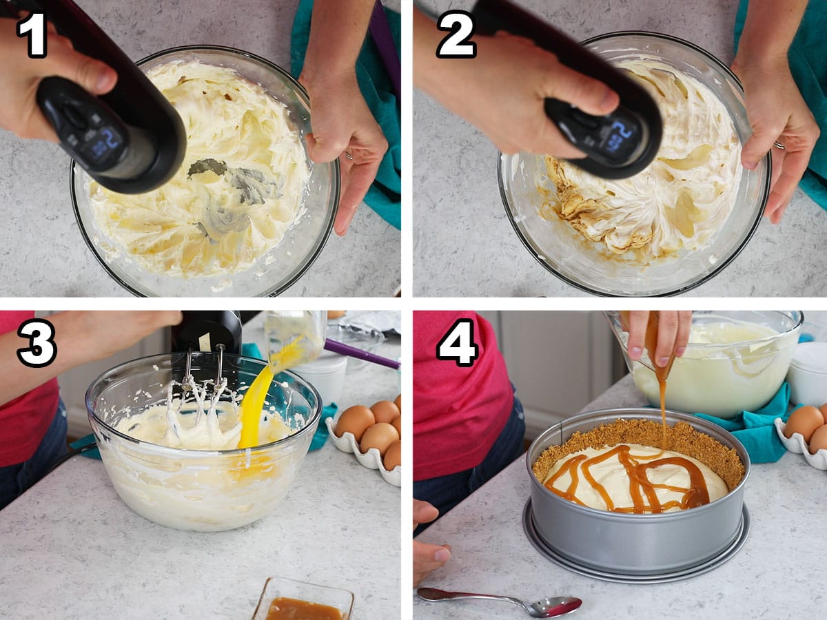 Four photos showing cheesecake batter being prepared and swirled with caramel sauce in a springform pan.