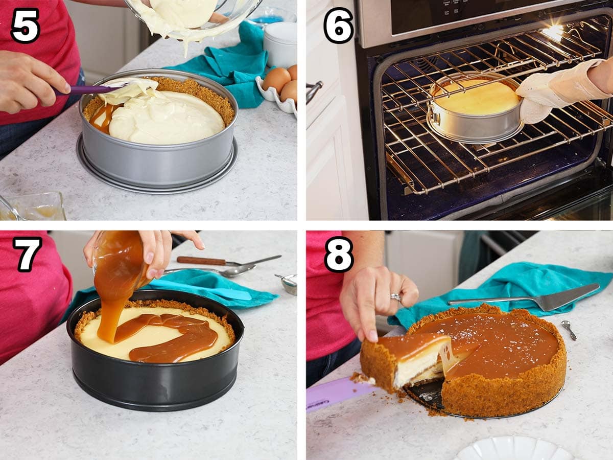 Four photos showing cheesecake being prepared and topped with caramel sauce before slicing.