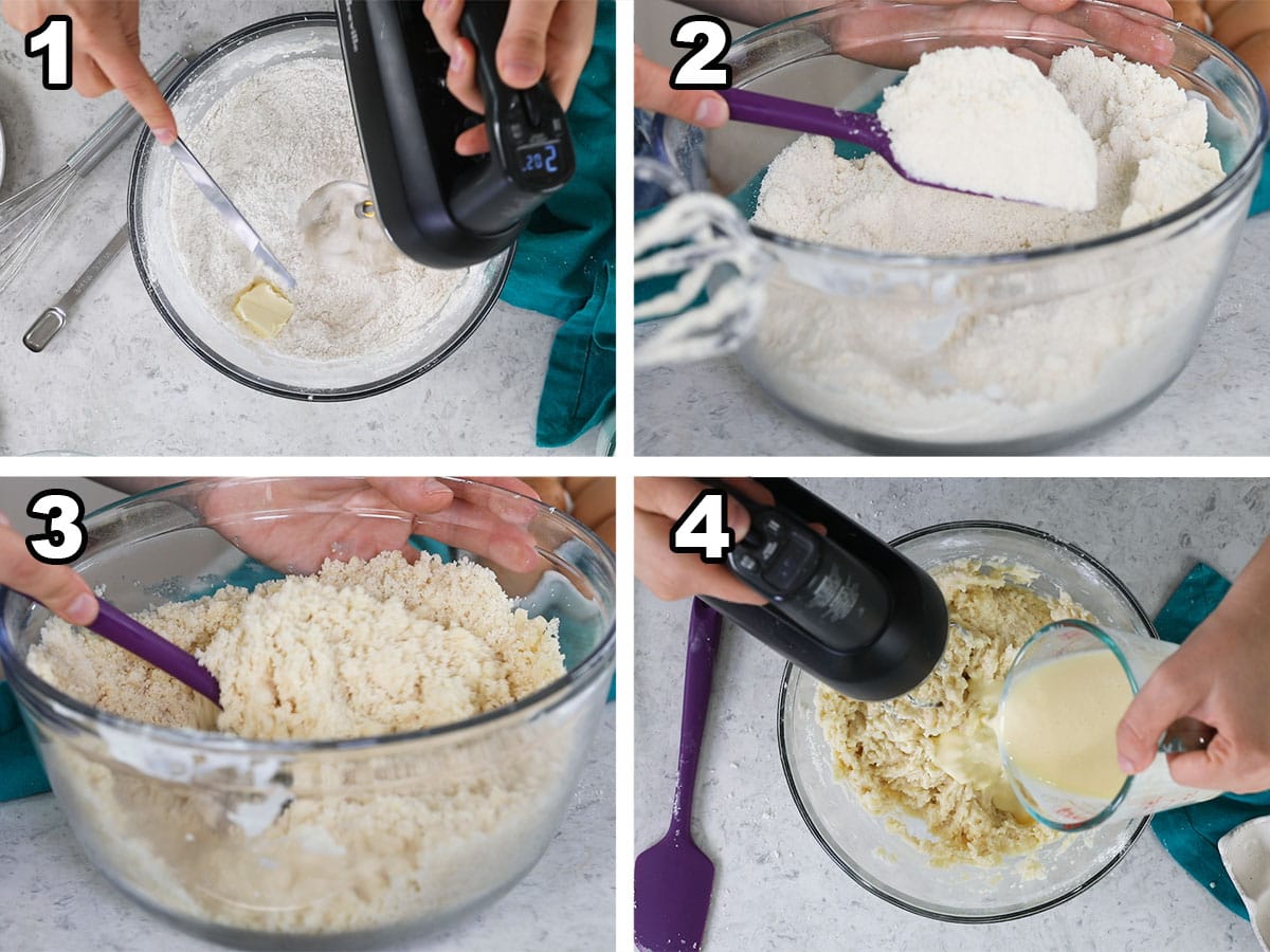 Collage of four photos showing cake batter being prepared with the reverse creaming method.