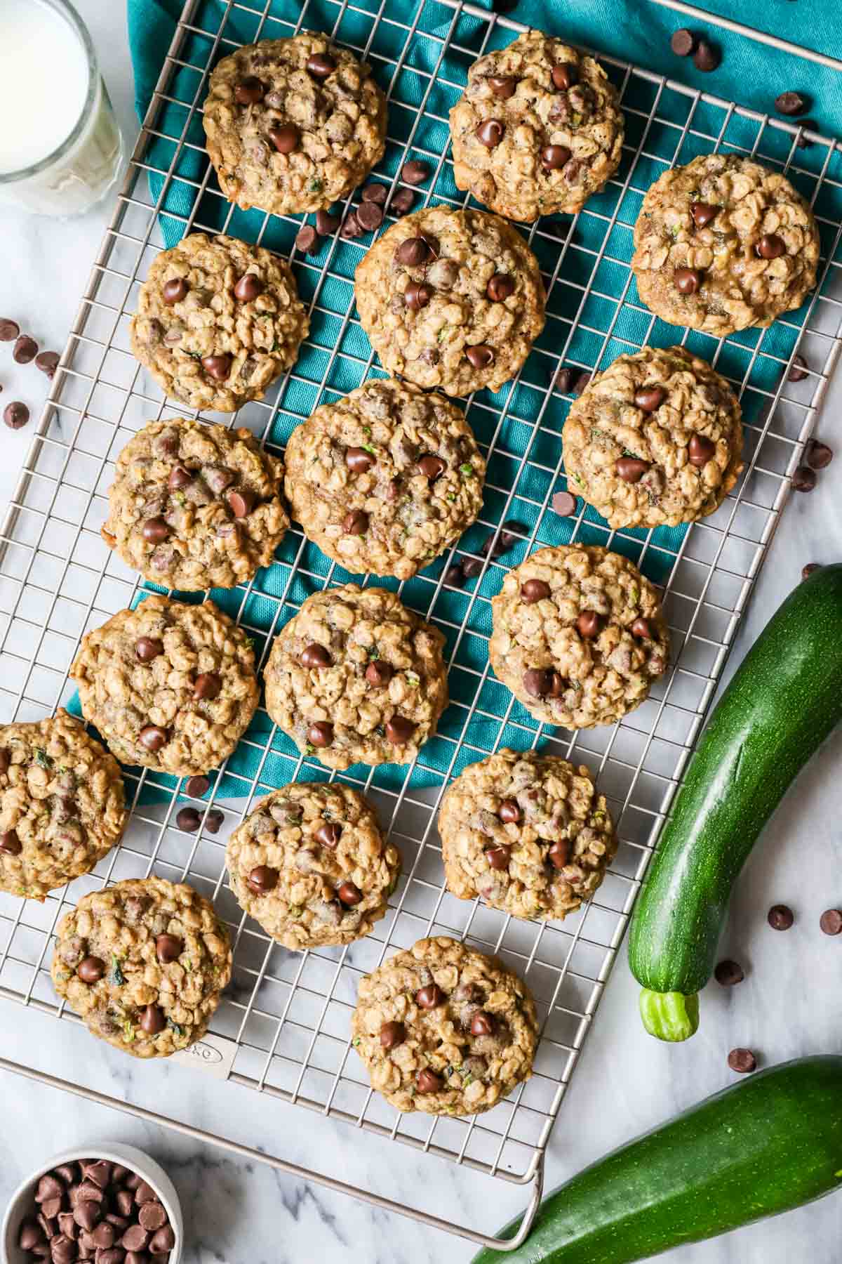 Overhead view of zucchini cookies on a cooling rack.