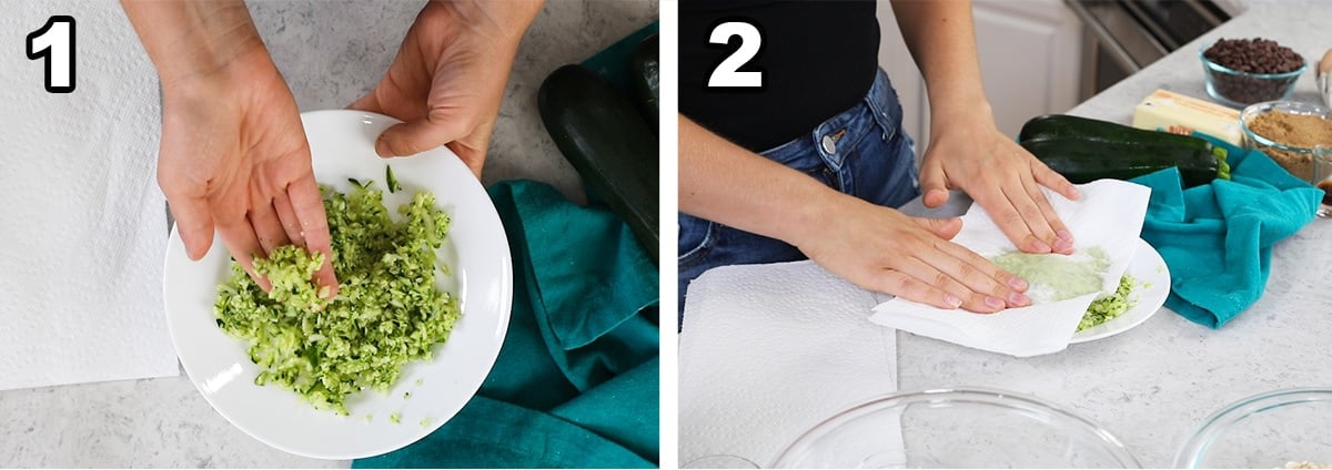 Two photos showing how to shred and blot zucchini for baking.