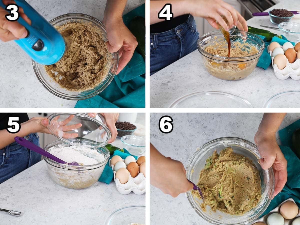 Collage of four photos showing cookie dough being prepared.