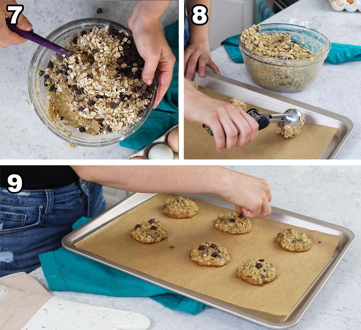 Three photos showing zucchini cookie dough being scooped and baked.