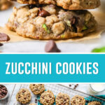 collage of zucchini cookies, top image of two cookies stacked, top with bite taken out. Bottom image of cookies photographed from above on cooling rack.