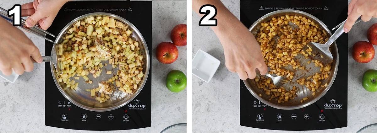 Two photos showing an apple pie filling being prepared.