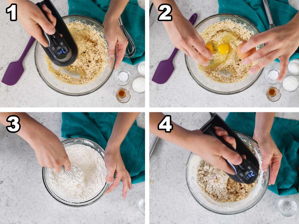 Four photos showing a cookie dough being prepared.