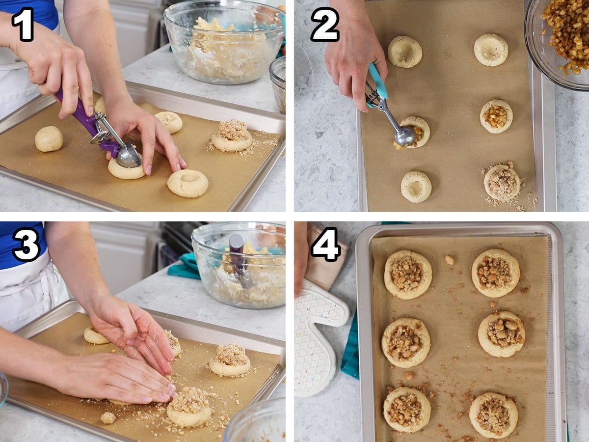 Four photos showing cookie dough being scooped, topped with apple pie filling and streusel, and cooled after baking.