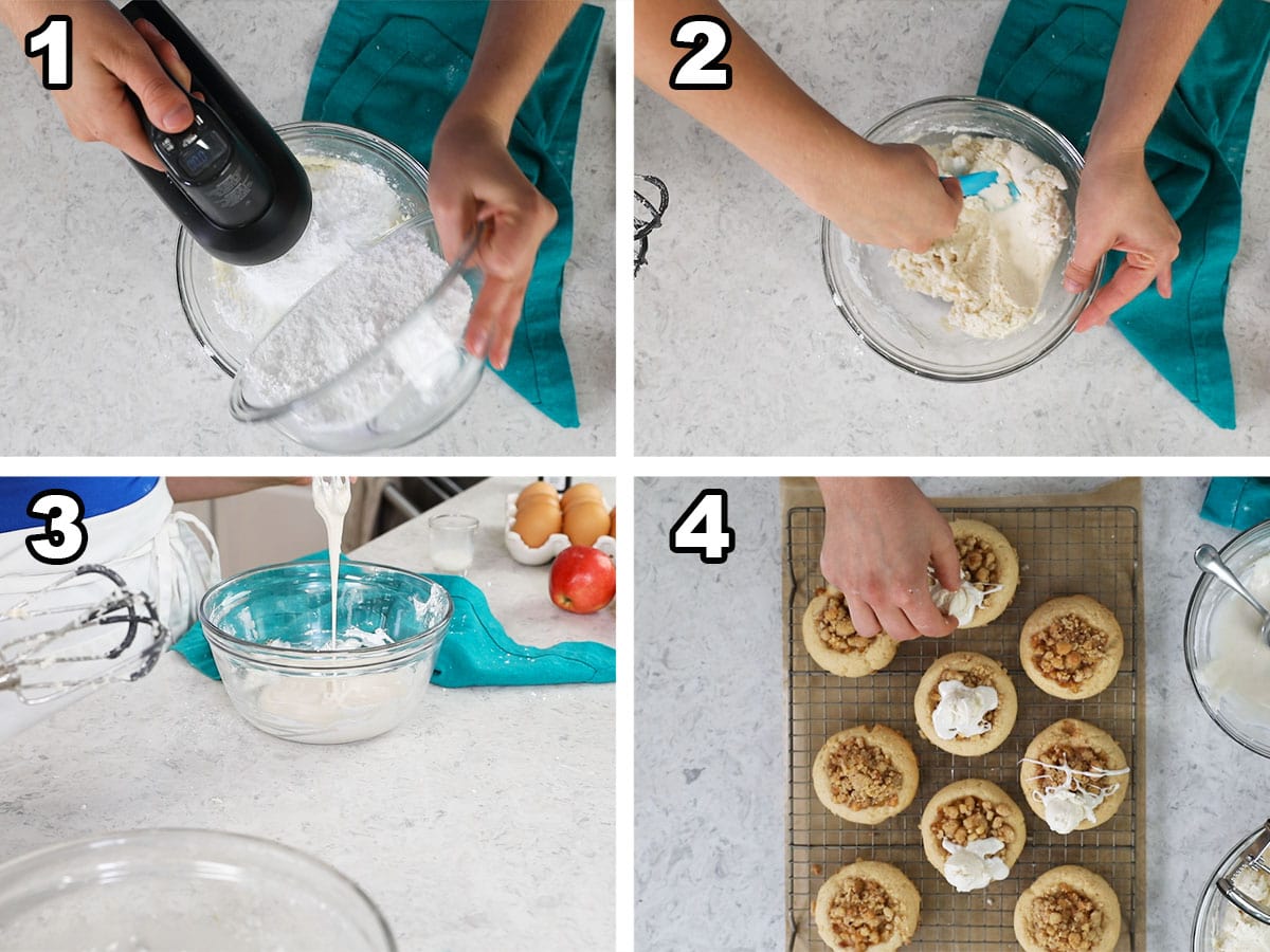 Four photos showing a vanilla glaze being prepared and drizzled over apple pie cookies.