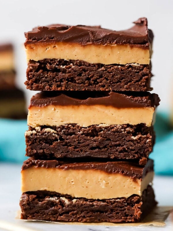 Stack of three buckeye brownies.