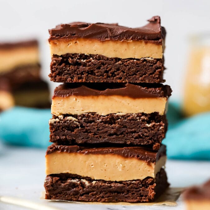 Stack of three buckeye brownies.