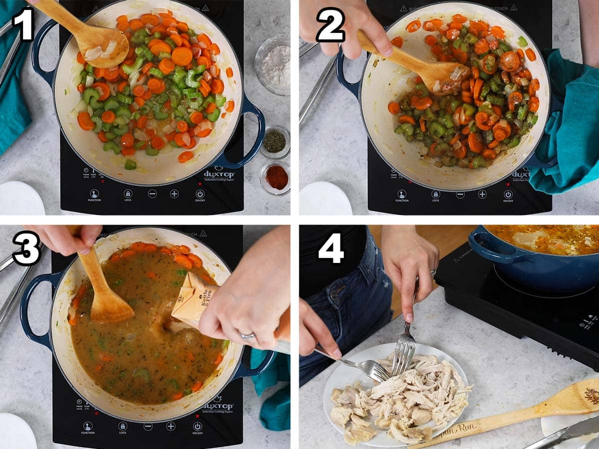 collage of 4 in-process photos showing how to make creamy chicken noodle soup.