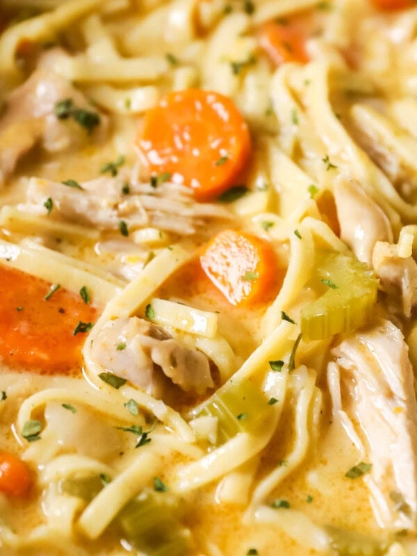 Close-up shot of a pot of creamy chicken noodle soup.