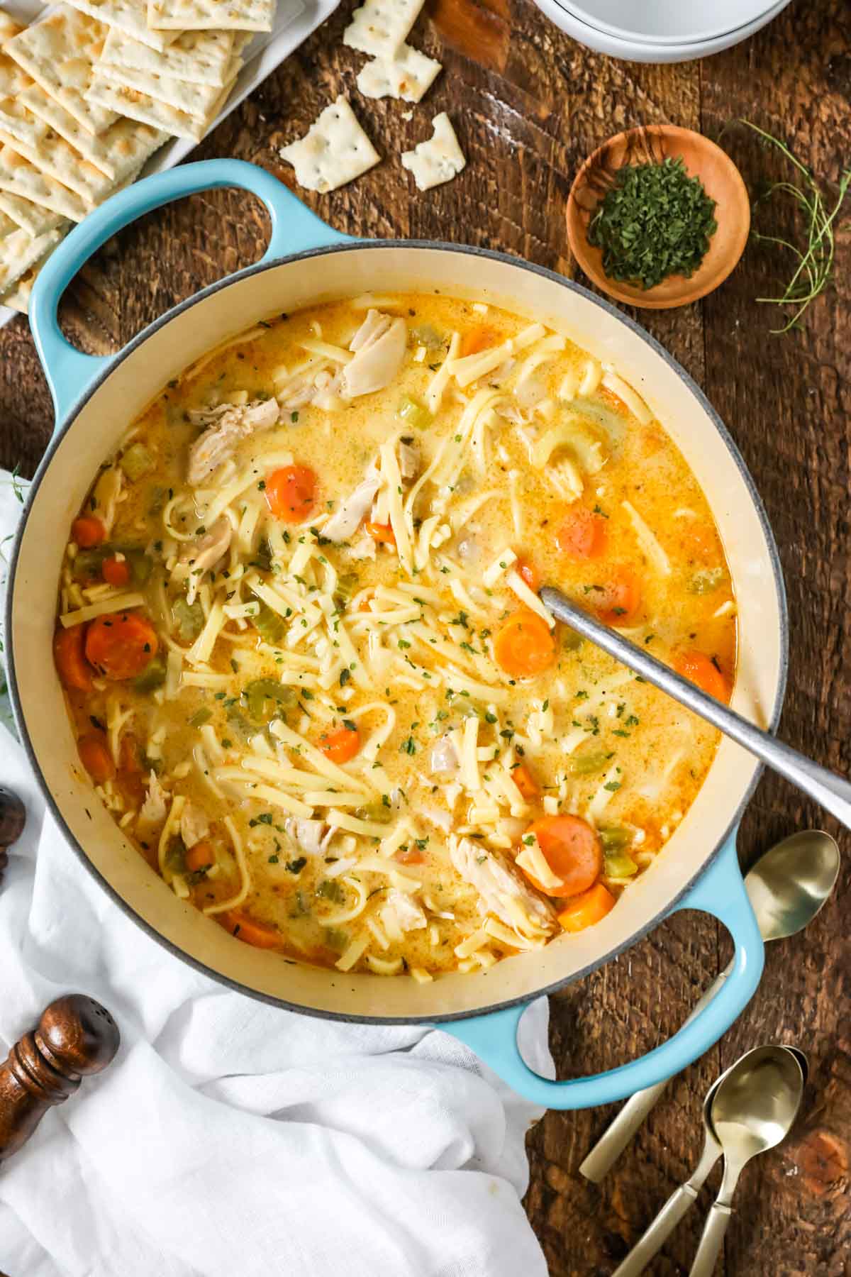 Overhead view of a pot of a creamy soup made with chicken, noodles, carrots, and more.