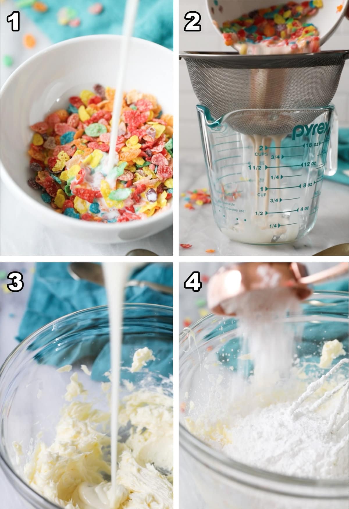Four photos showing fruity pebble frosting being prepared