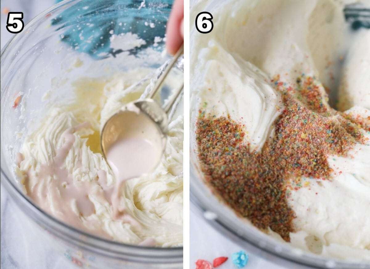 Two photos showing fruity pebble frosting being prepared