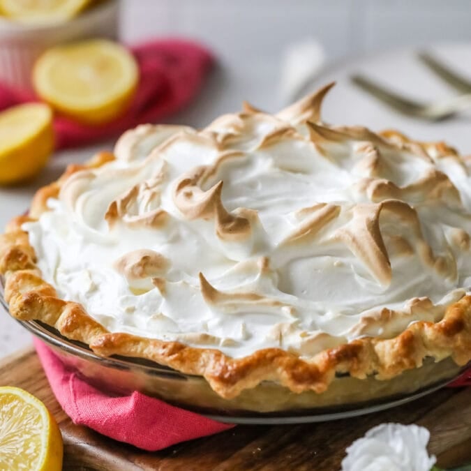 Lemon meringue pie with wispy meringue dollops that have been caramelized.