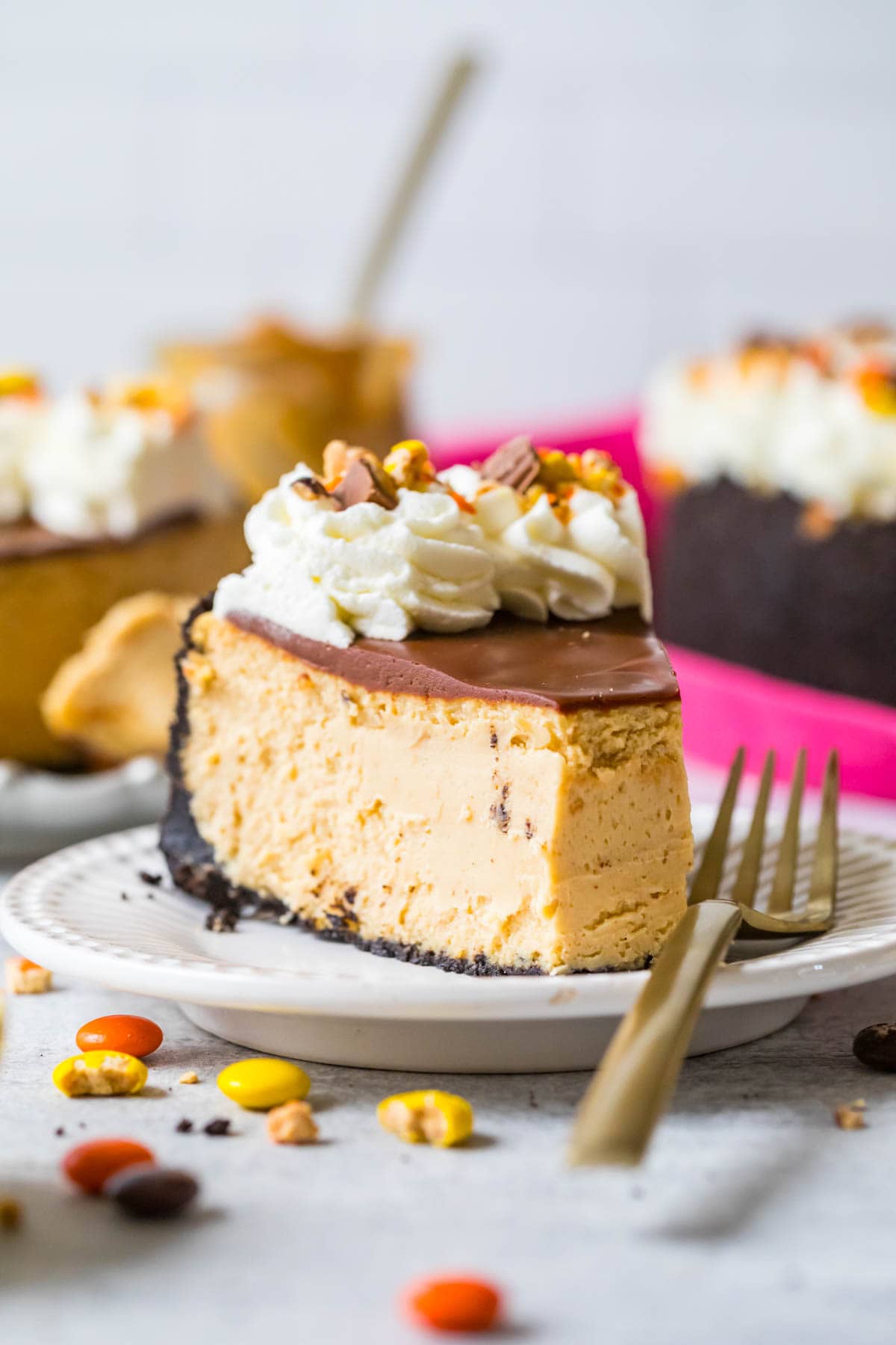 Slice of cheesecake made with an Oreo crust, peanut butter filling, chocolate ganache, and whipped cream topping with one bite missing.