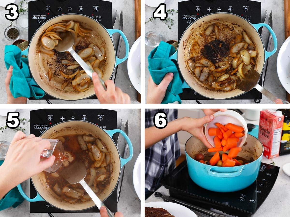 Four photos showing onions being cooked in a pot before being combined with beef broth and carrots.