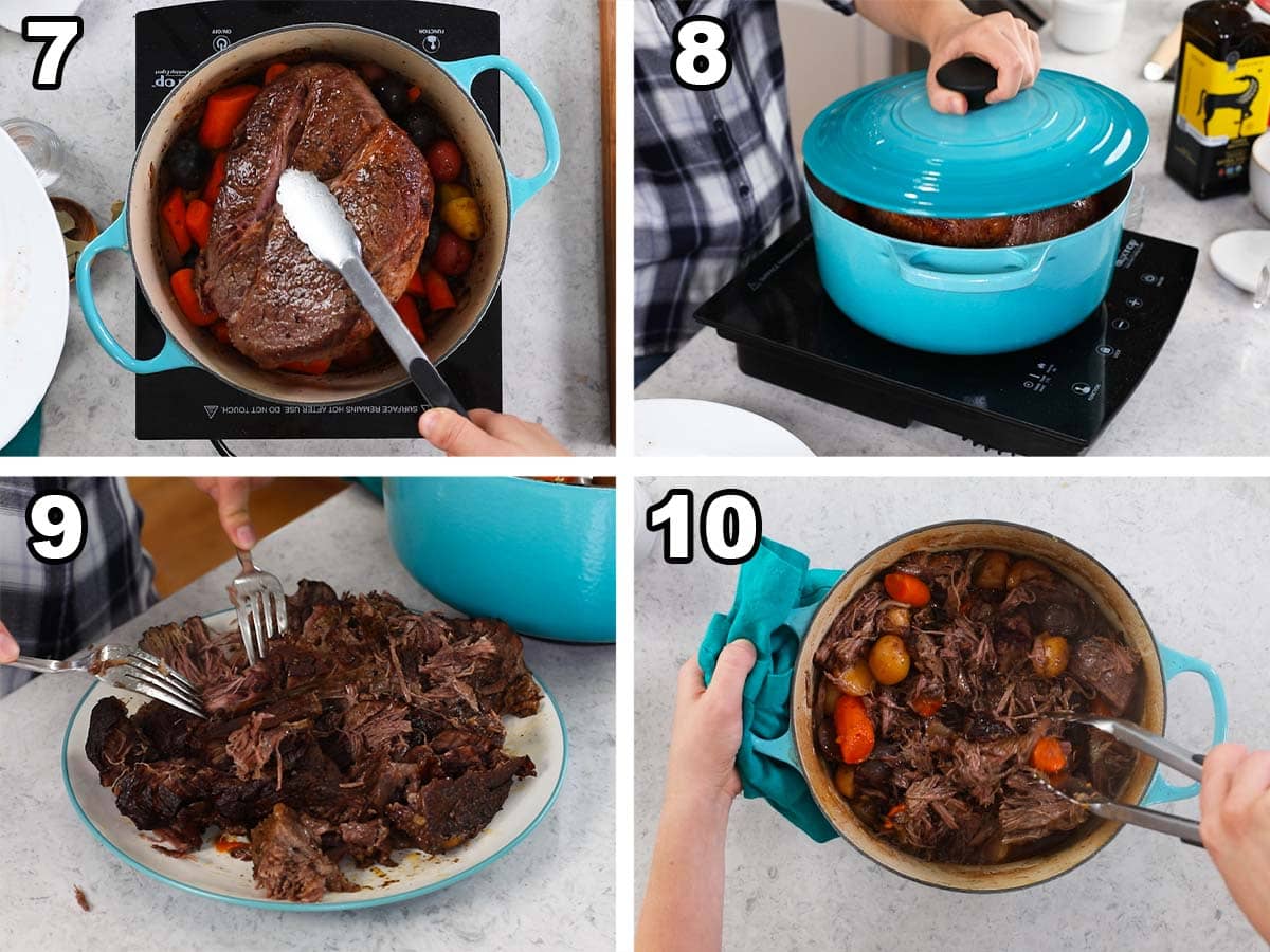 Four photos showing chuck roast being added to a dutch oven, covered, and baked, and shredded.