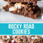 collage of rocky road cookies, top image close up of cookie split showing inside of cookies, bottom image of cookies cooling on rack