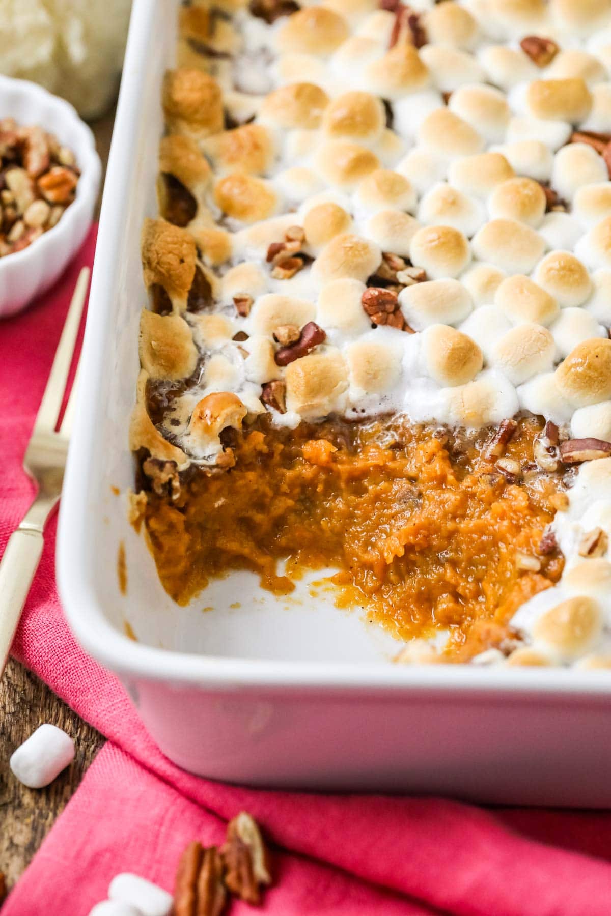 Close-up view of sweet potato casserole in a dish.