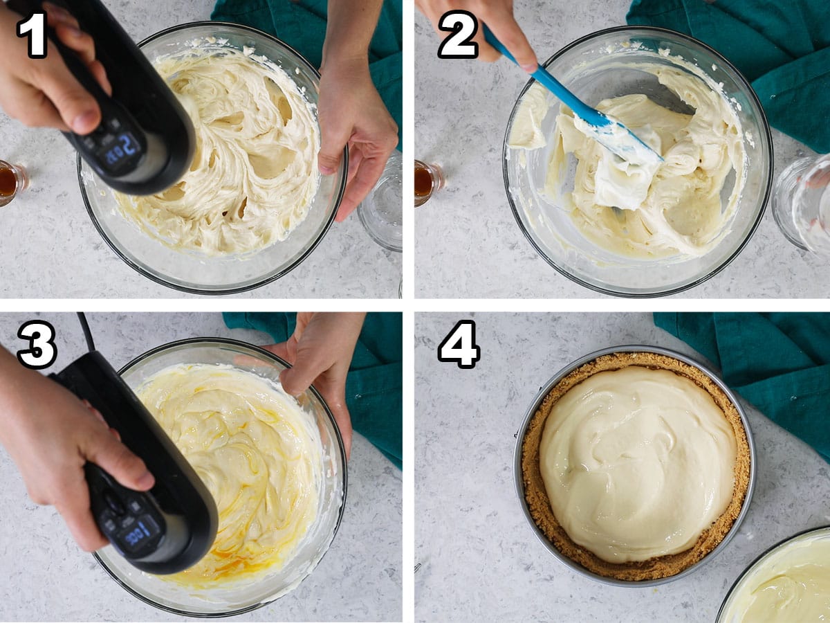 Four photos showing cheesecake batter being prepared and poured into a springform pan.