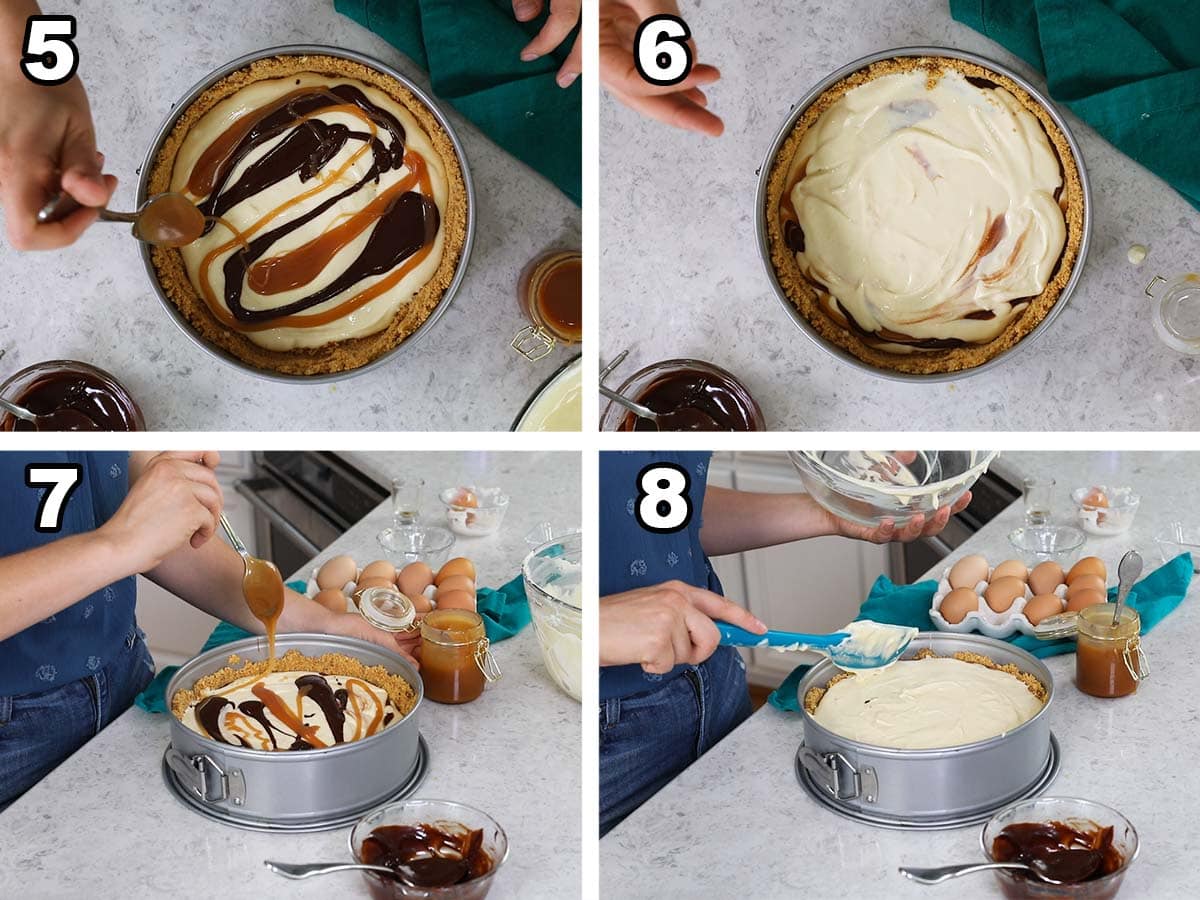 Four photos showing cheesecake batter being layered with chocolate and caramel in a springform pan.