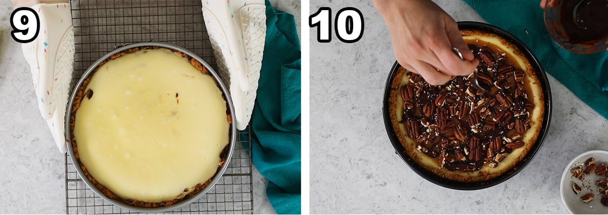Two photos showing a cheesecake after baking and after decorating.