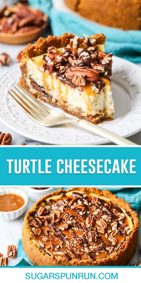 collage of turtle cheesecake, top image of single slice of cheesecake, bottom image of full cheesecake close up