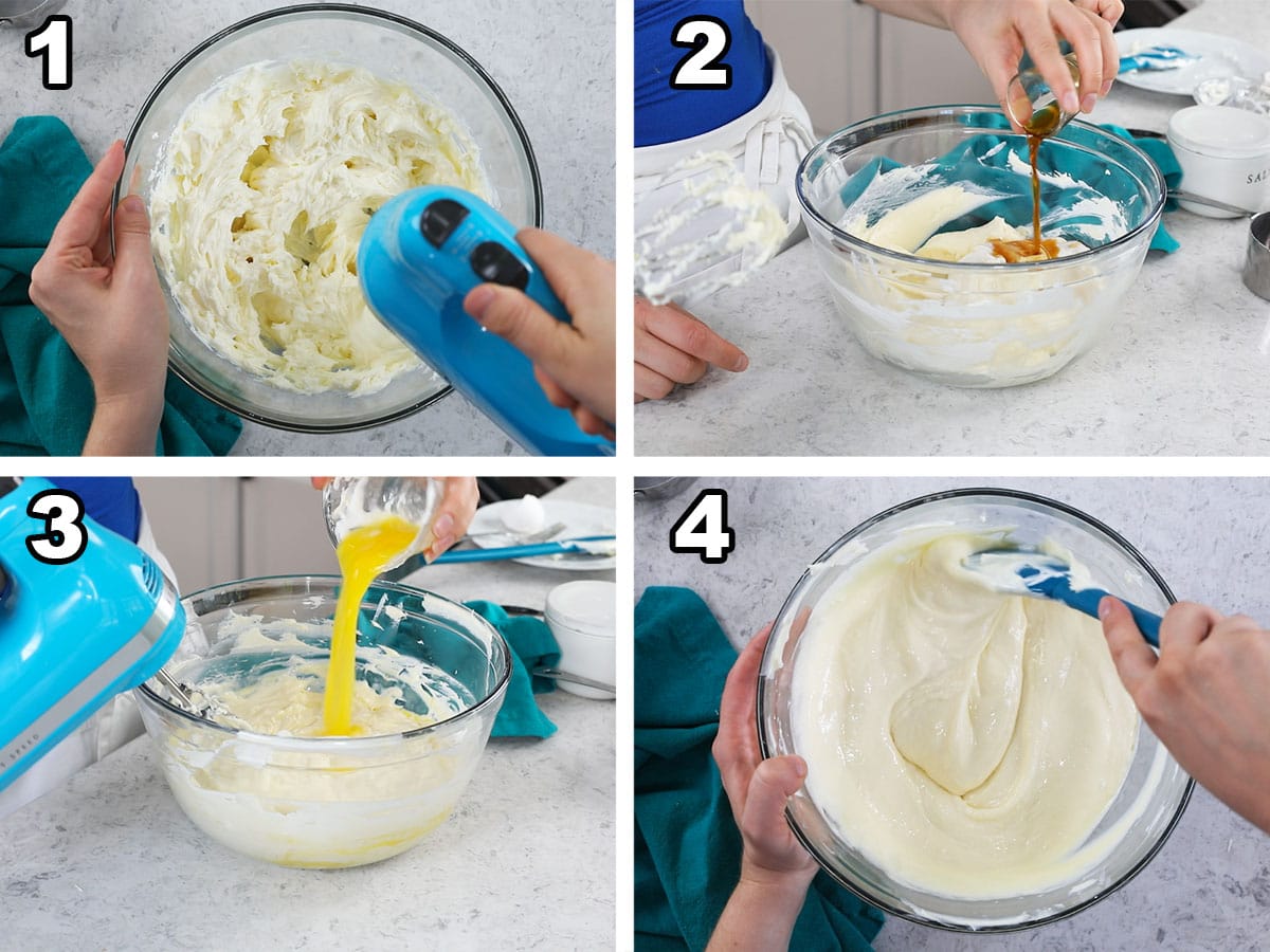 Four photos showing cheesecake batter being prepared.