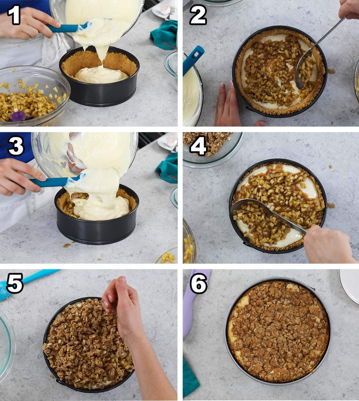 Six photos showing cheesecake batter being poured into a crust, layered with apple pie filling, and topped with a crumb topping.