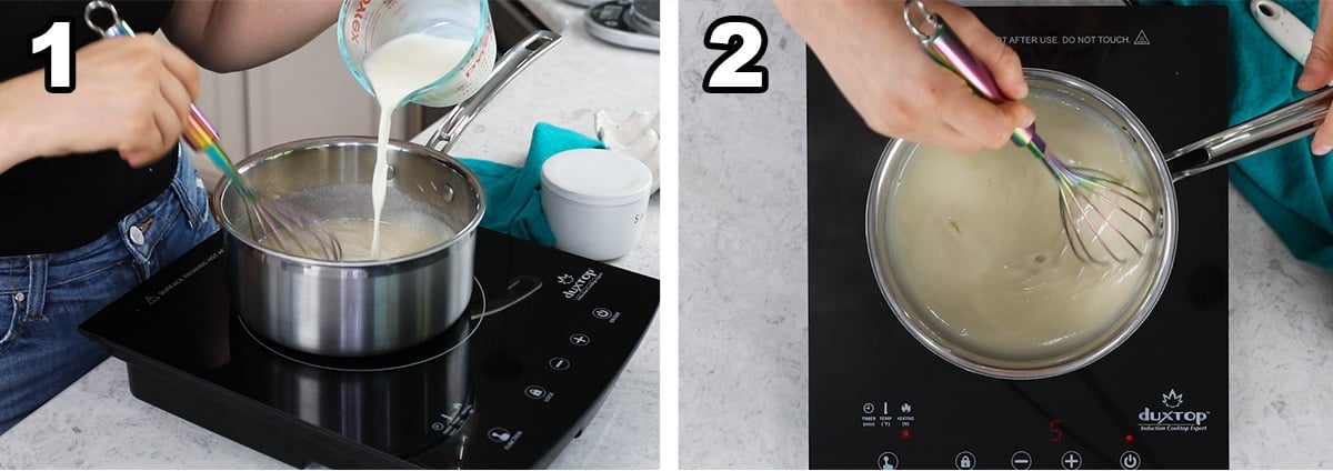 Two photos showing an ermine frosting base being prepared on the stove.