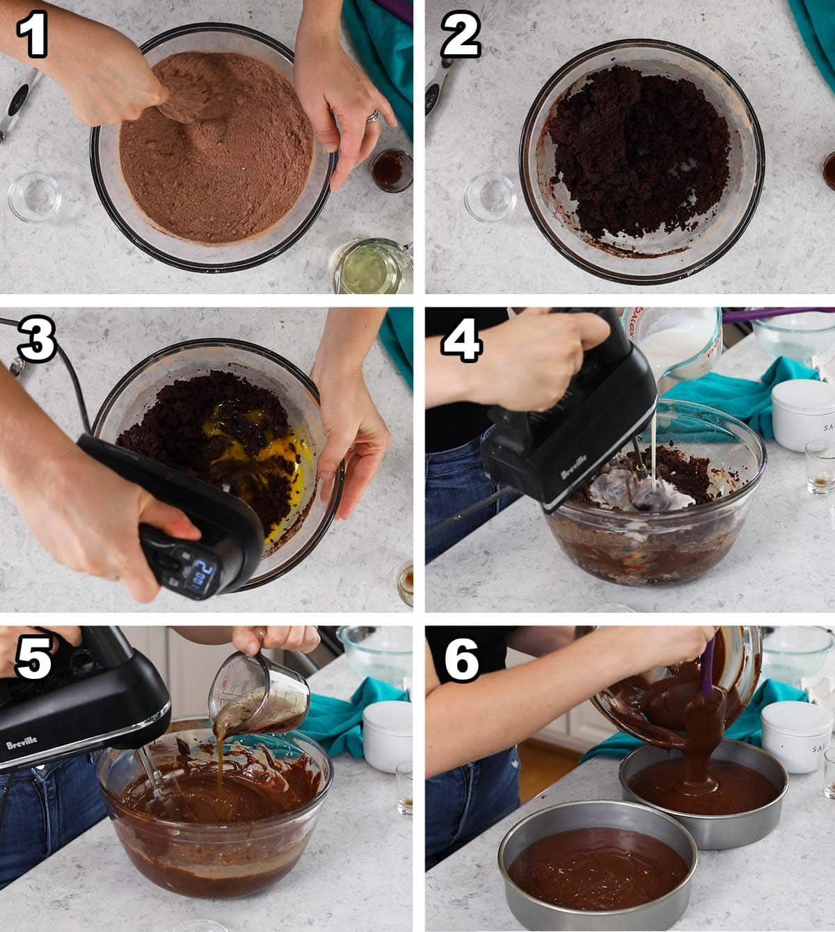 Six photos showing chocolate cake batter being prepared and portioned into two cake pans.