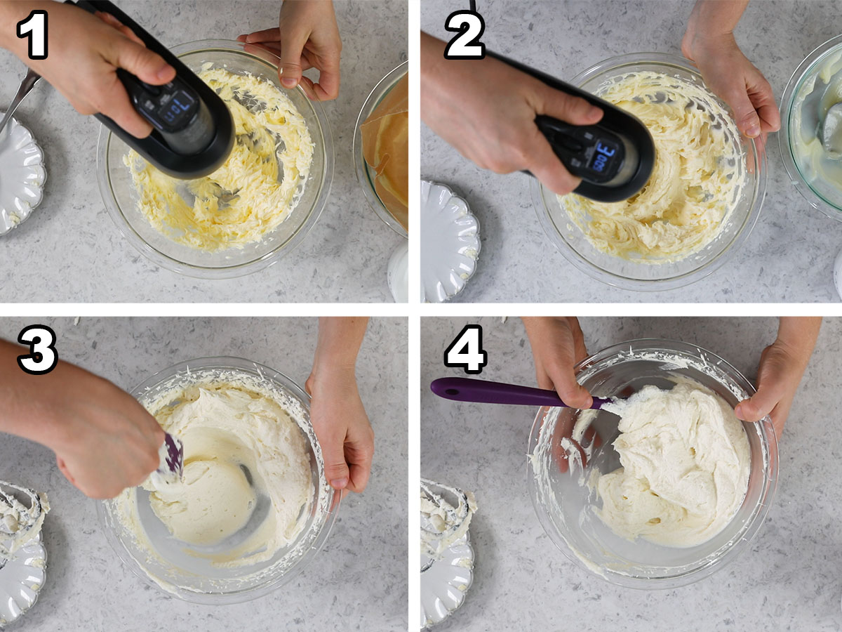 Four photos showing ermine frosting being prepared.