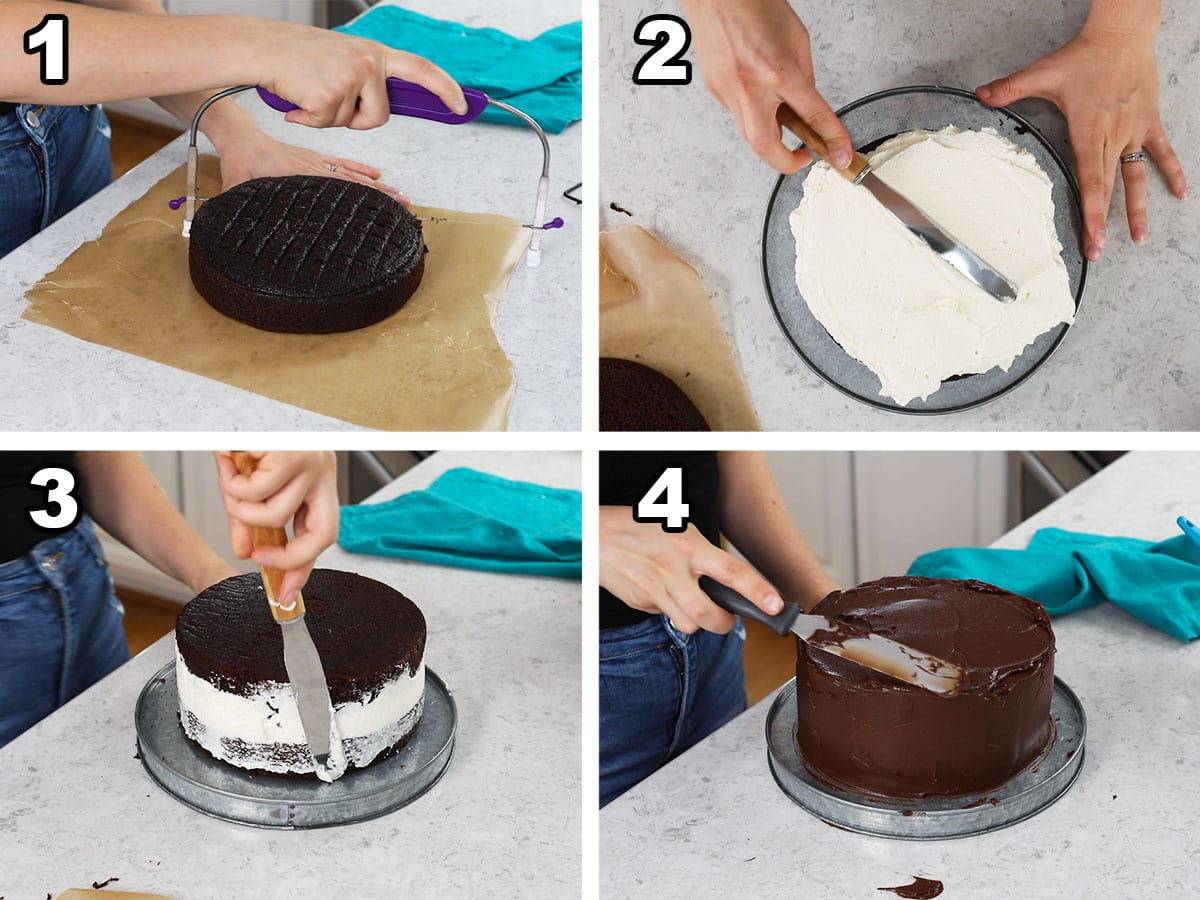 Four photos showing a chocolate cake being leveled, filled with cream, and topped with chocolate ganache.