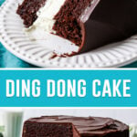 collage of ding dong cake, top image of single slice on white plate, bottom image of full cake sliced