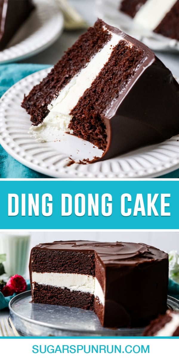 collage of ding dong cake, top image of single slice on white plate, bottom image of full cake sliced