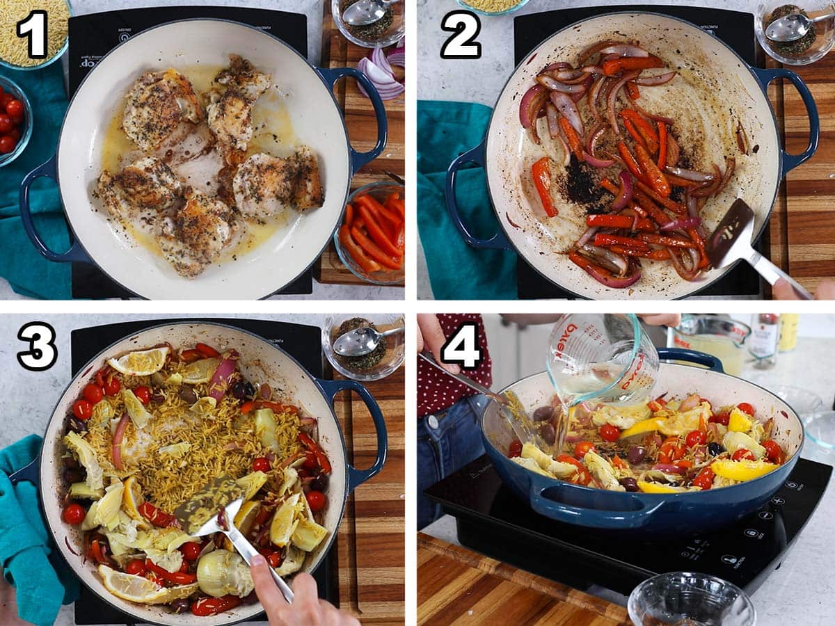 Collage of four photos showing chicken after searing in a pan then adding vegetables and orzo to the pot.