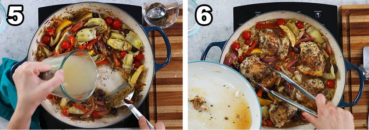 Two photos showing chicken broth and chicken being added to a pot of orzo and vegetables.