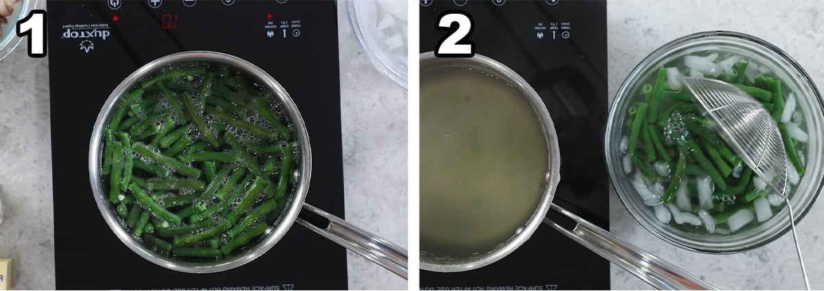Two photos showing green beans being blanched.