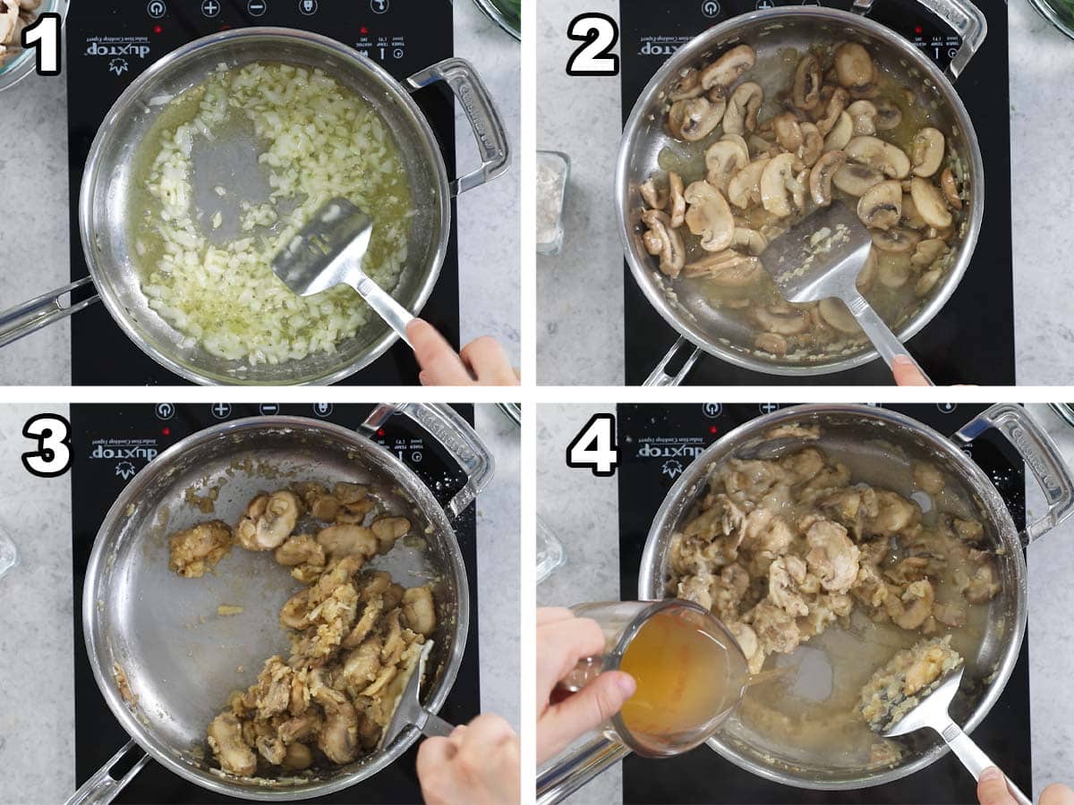 Collage of four photos showing onions and mushrooms being sauteed in a pan.