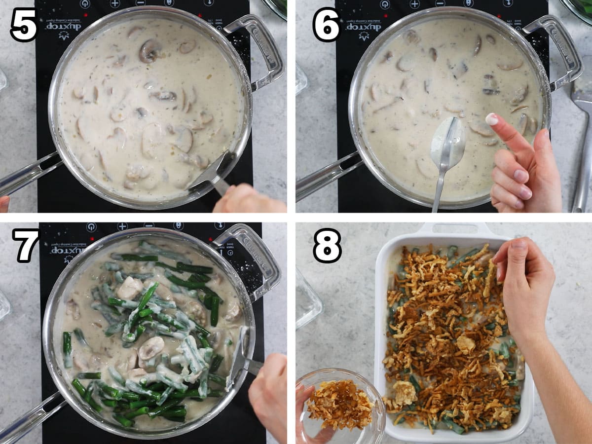 Four photos showing green beans being added to a cream based sauce before being added to a casserole dish and topped with french fried onions.