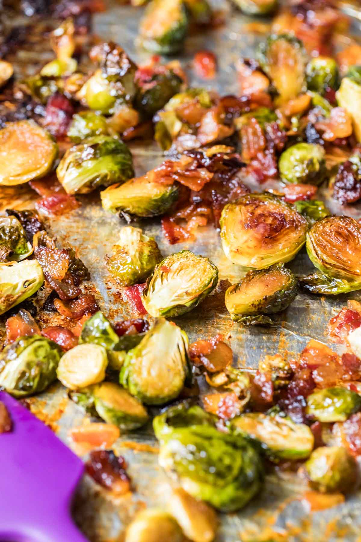 Crispy roasted brussels sprouts made with bacon and maple syrup on a baking sheet.